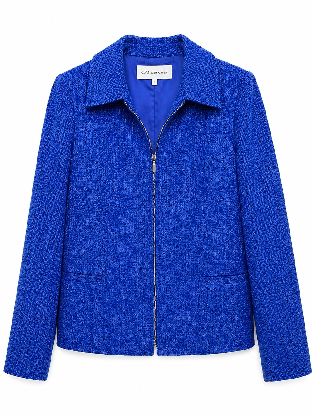 Coldwater Creek Cobalt Blue Zip-Front Tweed Jacket Large